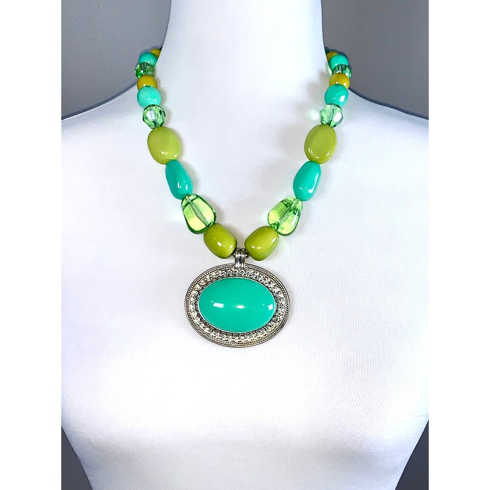 Chunky Silver Beaded Aqua Green Pendant Statement Necklace
